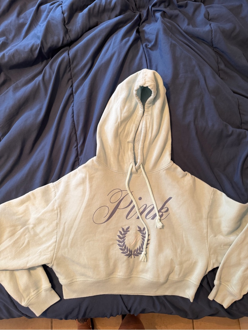 PINK Victoria's Secret Light Blue Cropped Crewneck Hoodie with Purple Logo
